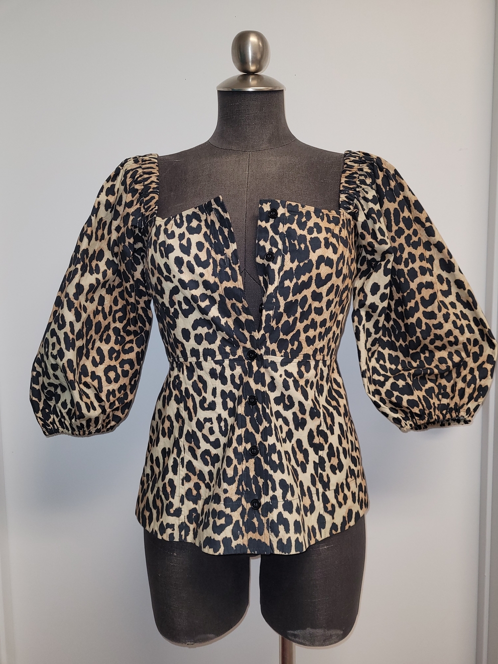 Ganni Leopard-Print Puff-Sleeve Button Front Top - Black & Tan